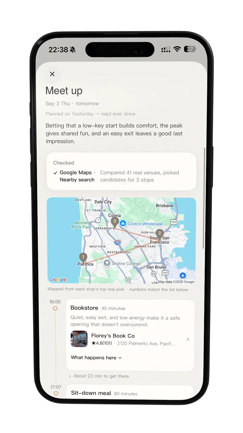 The in-app date plan: a map and a three-stop route of real venues.