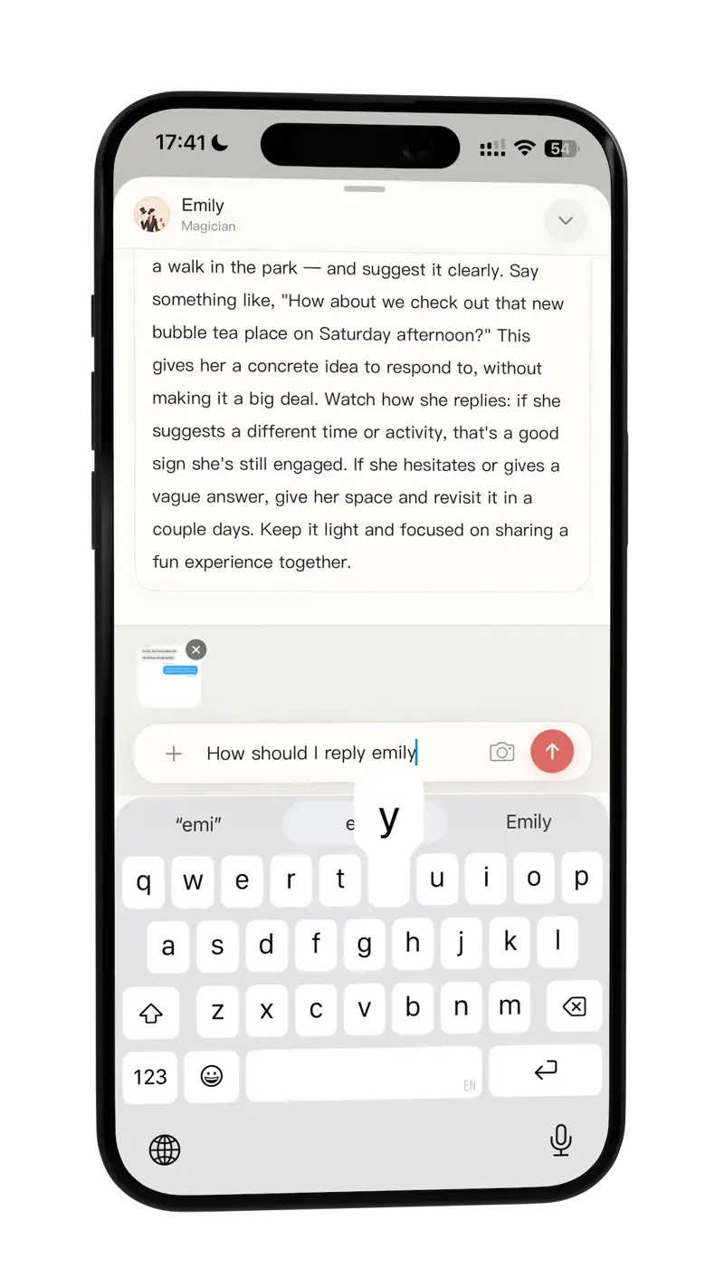 The in-app chat analysis, with three ready-to-send replies below it.