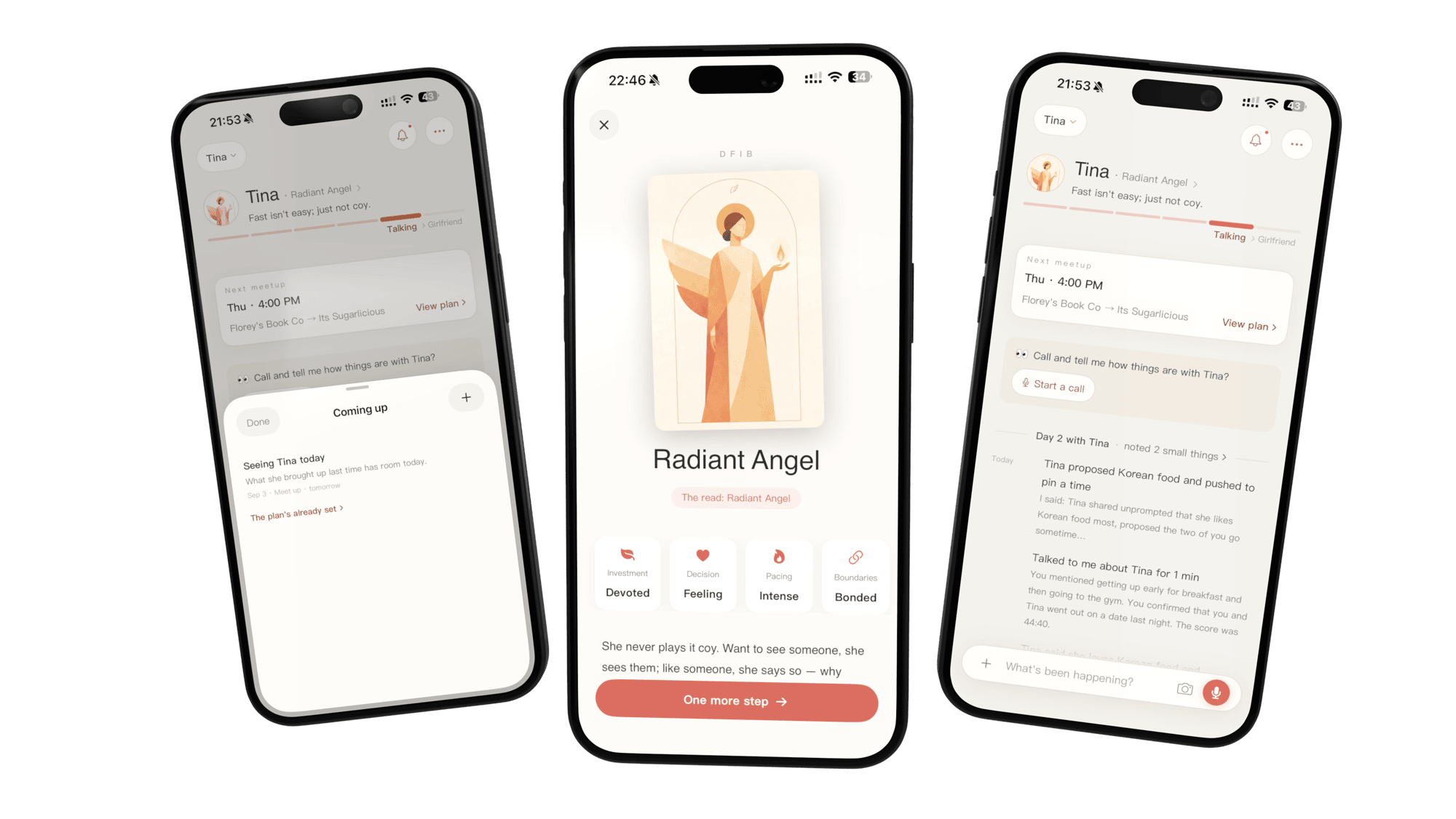 Three iPhones side by side showing Pocket Coach's profile card, timeline and nudges.